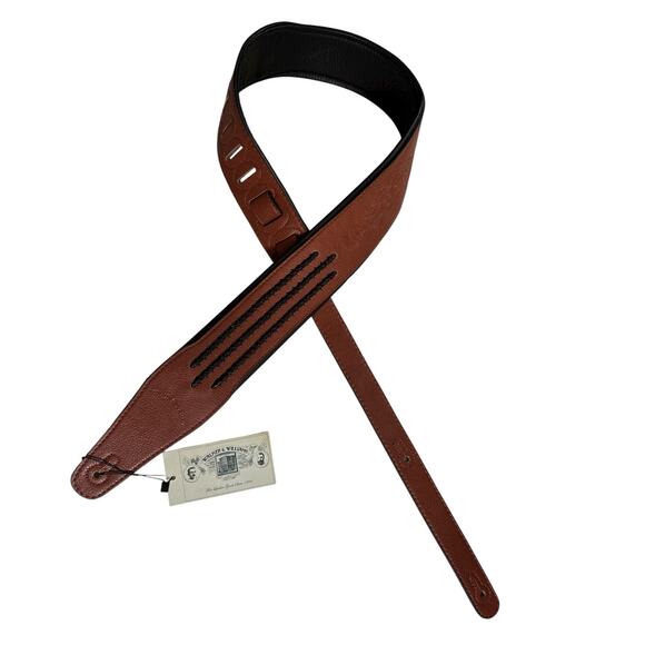 NEW Walker & Williams Chestnut Brown Leather Guitar Strap Black Bolo Tie Lacing - Picture 1 of 6